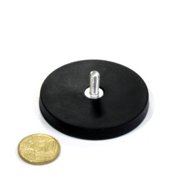 Rubber-coated pot magnet, 66mm, holds 20 KG, with threaded stud
